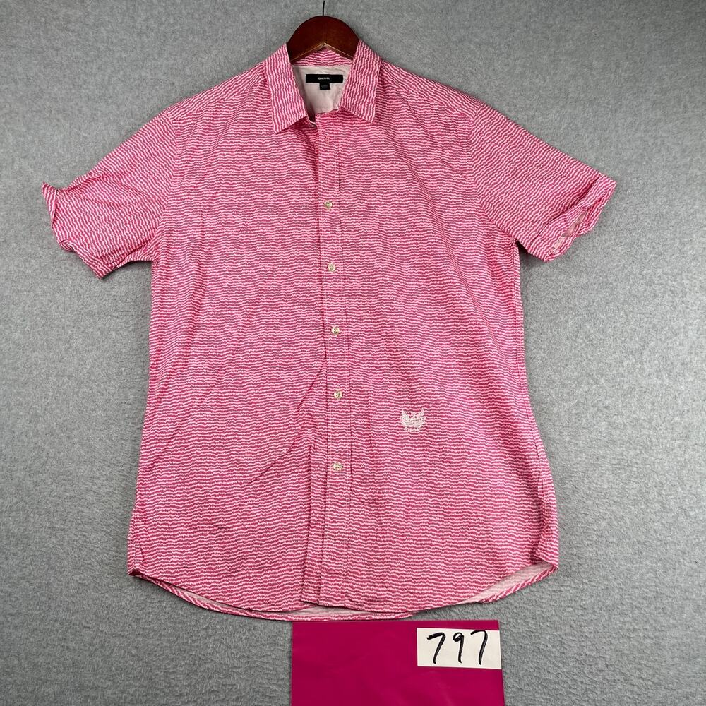 Diesel Shirt XL Pink Zip Zag Striped Embroidered Button Up Short Sleeve Mens